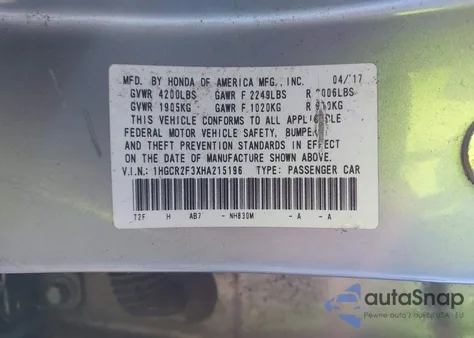 2017 Honda Accord Lx from USA, damaged, VIN 1HGCR2F3XHA215196